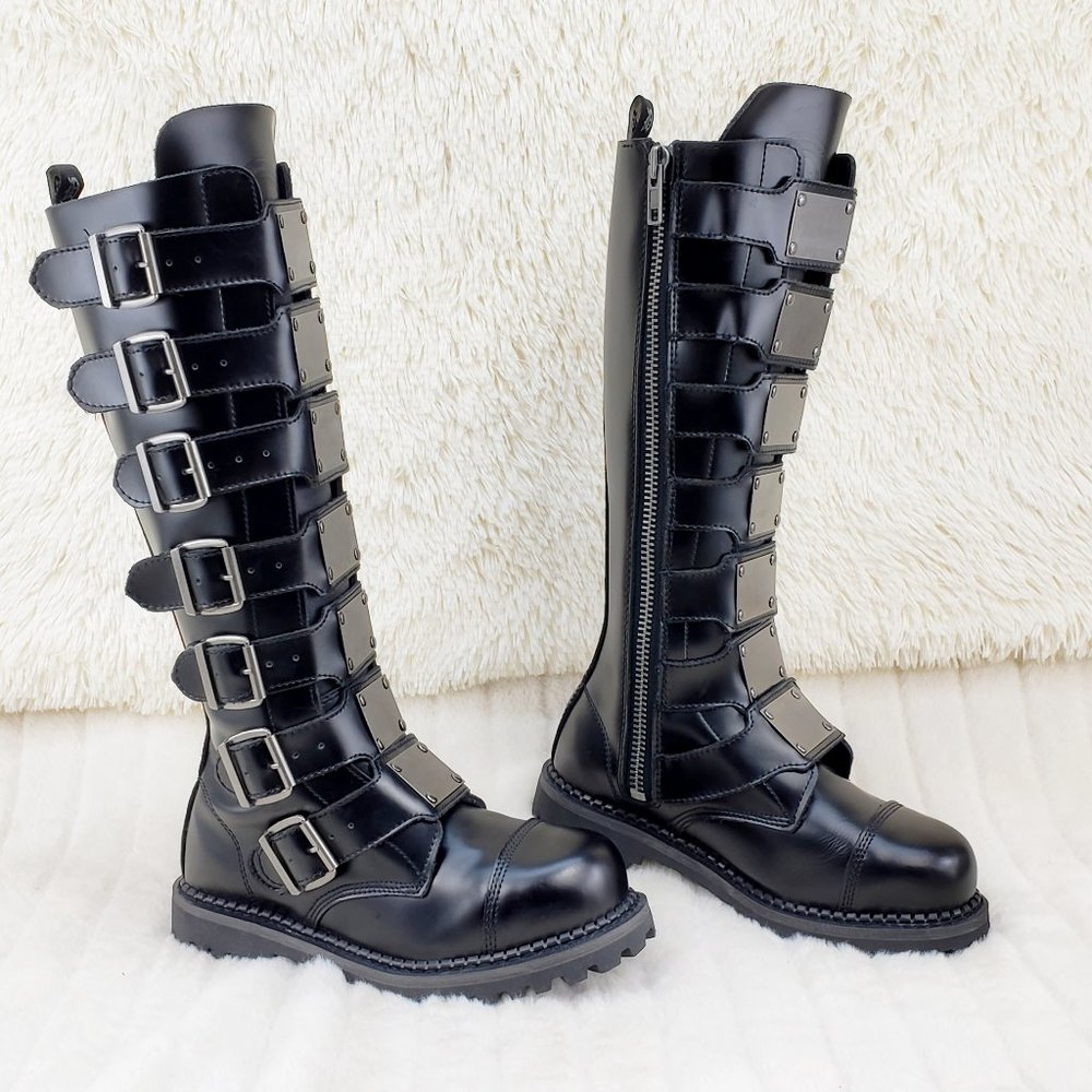 Leather Shin Guard Strap Men's Military Goth Biker Steel Toe Riot Boots - Picture 3 of 12